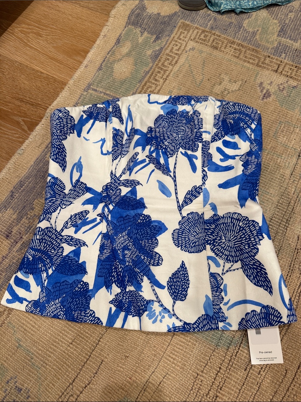 Milly Strapless Floral Print Blue and White top